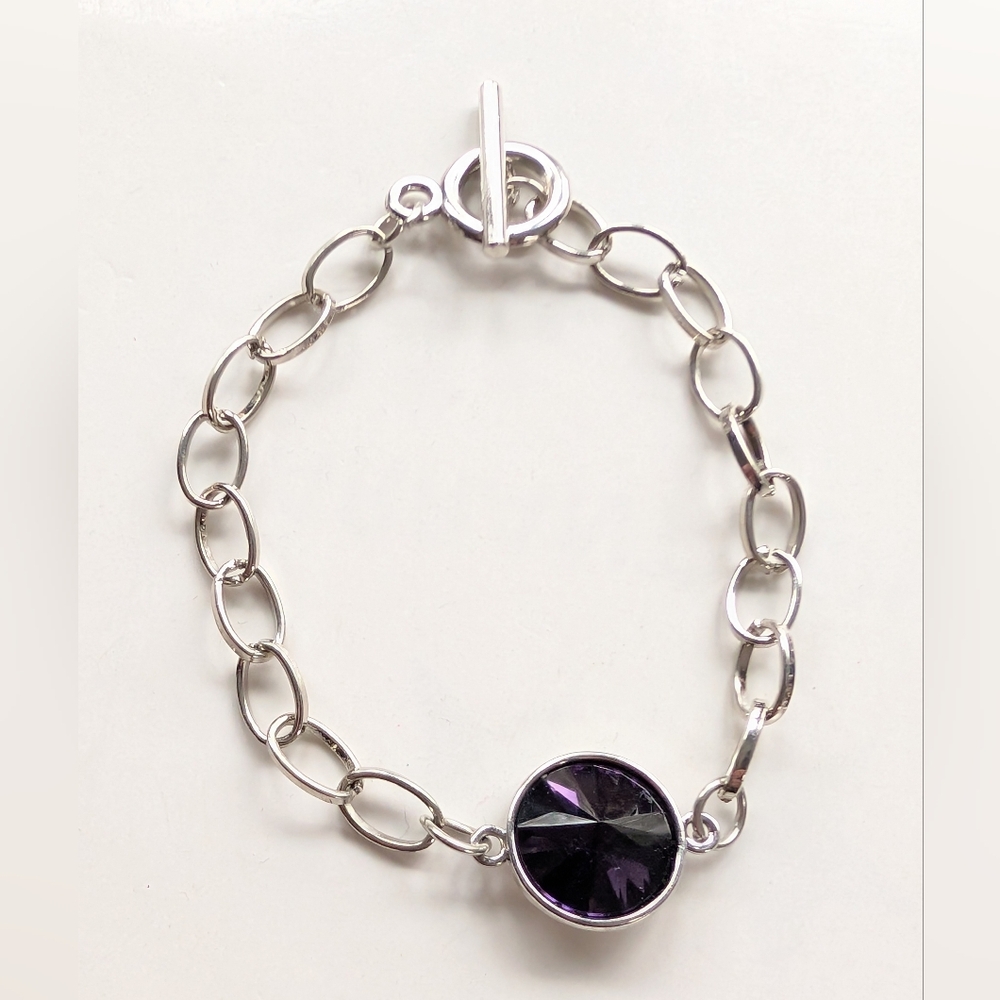 Vintage Silver Tone Minimalist Purple Glass Rivoli Rhinestone Toggle Bracelet